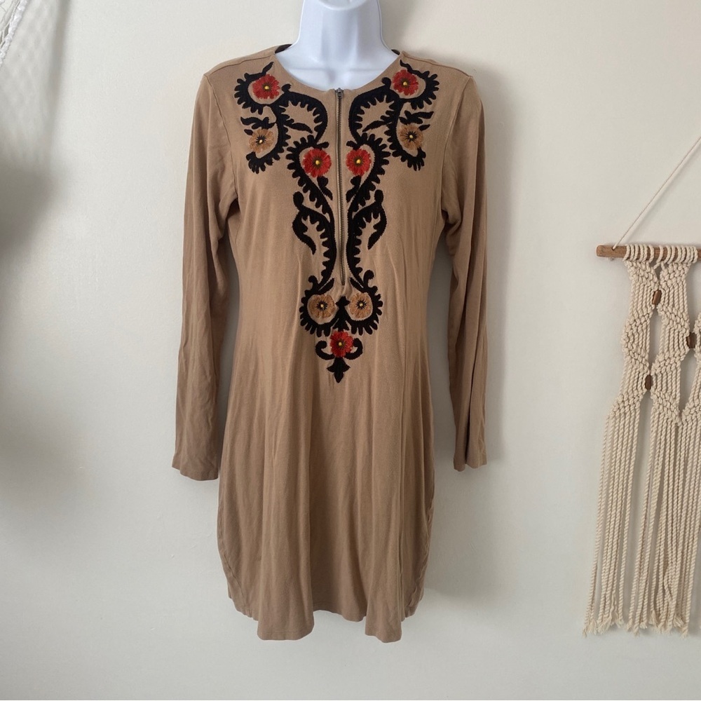 Vintage Ritu Kumar Tan Long Sleeve Boho Dress Red and Black Embroidered Size 4